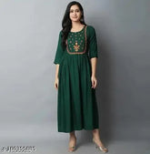Dark green rayon embroidery Anarkali kurti with three-quarter sleeves, traditional Indian women's fashion
